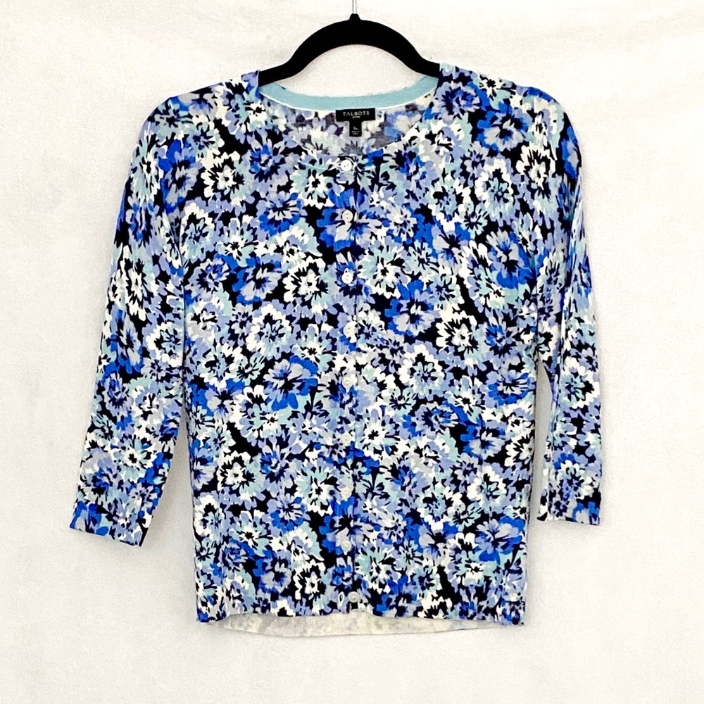 Talbots Blue Floral Cotton Blend Charming Cardigan - Picture 10 of 11